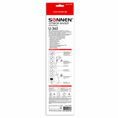 Сетевой фильтр SONNEN U-365, 6 розеток, с заземлением, выключатель, 10 А, 5 м, белый, 511427