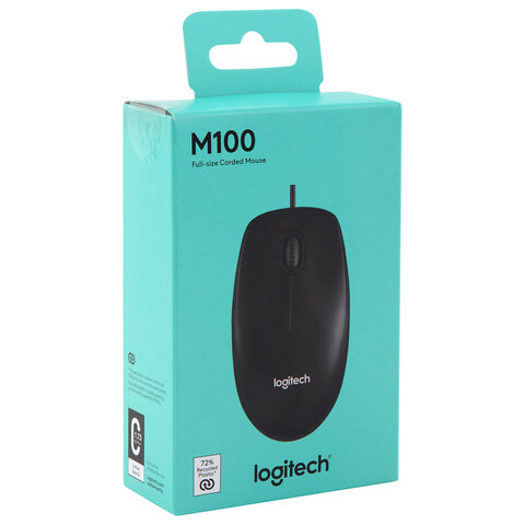 Мышь проводная LOGITECH M100, USB, 2 кнопки + 1 колесо-кнопка, оптическая, черно-серая