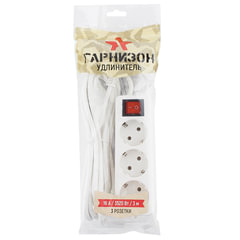 Удлинитель ГАРНИЗОН с выключателем, 3 розетки с заземлением, 3 м, 3&times;1 мм, 3500 Вт, белый, ELB-G3-W-3
