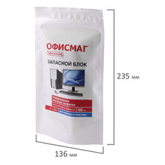 Салфетки для экранов всех типов и пластика (запасной блок) ОФИСМАГ, пакет 100 шт., влажные, 511686
