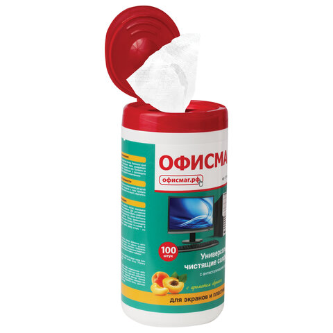 Салфетки для экранов всех типов и пластика ОФИСМАГ с ароматом "АБРИКОС", туба 100 шт., влажные, 511690 - фото 2