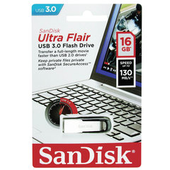 Флеш-диск 16 GB, SANDISK Ultra Flair, USB 3.0, металлический корпус, серебристый, SDCZ73-016G-G46