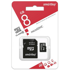 Карта памяти micro SDHC, 8 GB, SMARTBUY, 10 Мб/<wbr/>сек. (class 10), с адаптером, SB8GBSDCL10-01