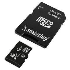 Карта памяти micro SDHC, 32 GB, SMARTBUY, 10 Мб/сек. (class 10), с адаптером, SB32GBSDCL10-01