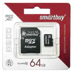 Карта памяти micro SDXC, 64 GB, SMARTBUY, 10 Мб/<wbr/>сек. (class 10), с адаптером, SB64GBSDCL10-01