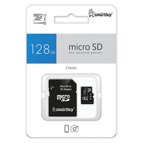 Карта памяти micro SDXC, 128 GB, SMARTBUY, UHS-1 U1, 80 Мб/сек. (class 10), с адаптером, SB128GBSDCL
