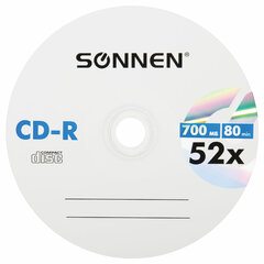 Диск CD-R SONNEN, 700 Mb, 52x, Cake Box (упаковка на шпиле) КОМПЛЕКТ 100 шт., 513533