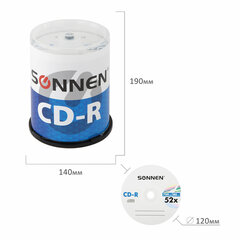 Диск CD-R SONNEN, 700 Mb, 52x, Cake Box (упаковка на шпиле) КОМПЛЕКТ 100 шт., 513533
