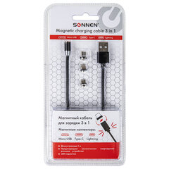 Кабель магнитный для зарядки 3 в 1 USB 2.0-Micro USB/<wbr/>Type-C/<wbr/>Ligtning, 1 м, SONNEN, черный, 513561