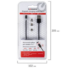 Кабель магнитный для зарядки 3 в 1 USB 2.0-Micro USB/<wbr/>Type-C/<wbr/>Ligtning, 1 м, SONNEN, черный, 513561
