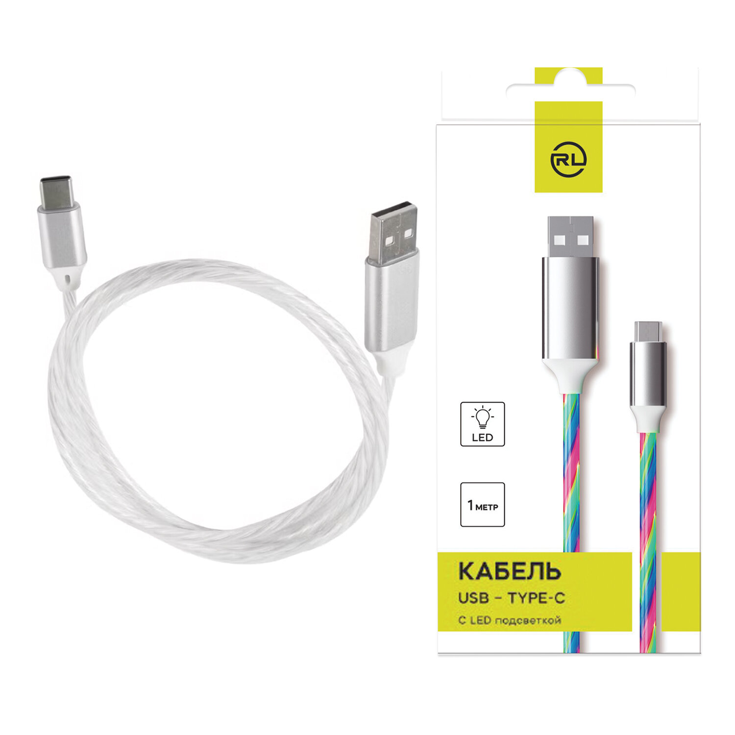Кабель с LED-подсветкой USB 2.0-Type-C, 1 м, RED LINE, белый