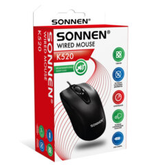 Мышь проводная БЕСШУМНАЯ USB, 1200 dpi, 2 кнопки + колесо-кнопка, оптическая, SONNEN K520, черная, 513944
