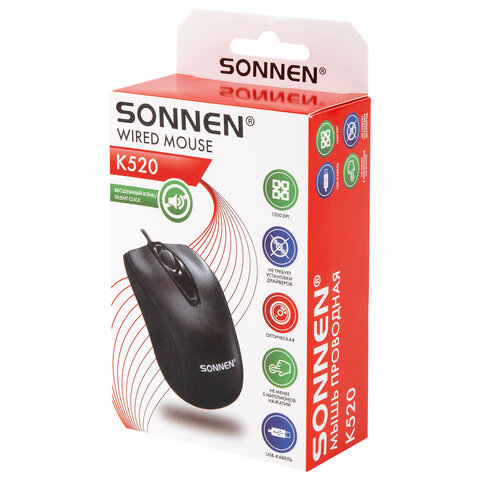 Мышь проводная БЕСШУМНАЯ USB, 800 dpi, 2 кнопки + колесо-кнопка, SONNEN K520, черная, 513944