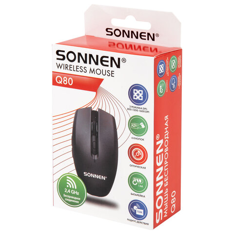 Мышь беспроводная USB, 1600 dpi, 3 кнопки + колесо-кнопка, оптическая, SONNEN Q80, черная, 513945
