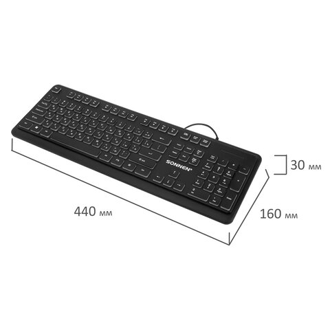 Клавиатура проводная бесшумная USB, 104 плоские клавиши, LED-подсветка, SONNEN K308, черная, 513947
