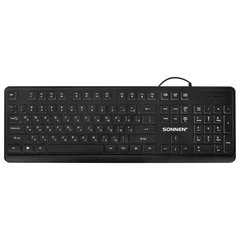 Клавиатура проводная USB, 104 плоские клавиши, LED-подсветка, SONNEN K308, черная, 513947