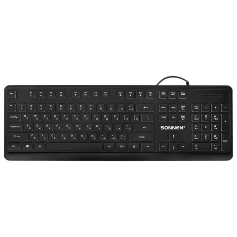 Клавиатура проводная бесшумная USB, 104 плоские клавиши, LED-подсветка, SONNEN K308, черная, 513947