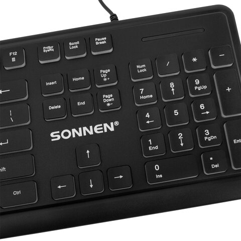 Клавиатура проводная бесшумная USB, 104 плоские клавиши, LED-подсветка, SONNEN K308, черная, 513947