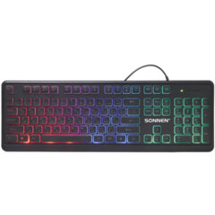 Клавиатура проводная бесшумная USB, 104 плоские клавиши, LED-подсветка, SONNEN K308, черная, 513947