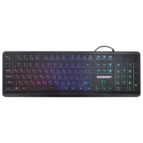 Клавиатура проводная бесшумная USB, 104 плоские клавиши, LED-подсветка, SONNEN K308, черная, 513947