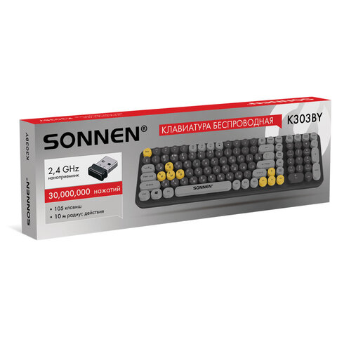Клавиатура беспроводная бесшумная USB, 105 клавиш, SONNEN K303BY, черная / серая / желтая, 513952
