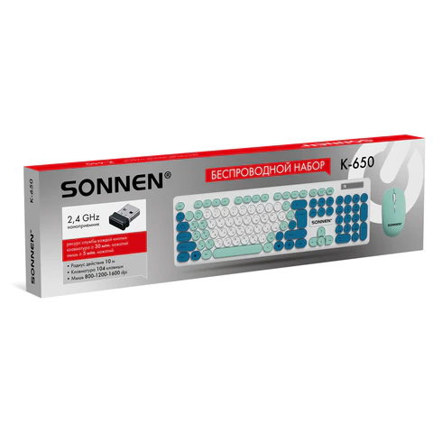 Набор беспроводной тихий: клавиатура 104 клавиши, мышь 4 кнопки 800/1200/1600 dpi, SONNEN K-650, белый / мятный / бирюзовый, 513953 - фото 16
