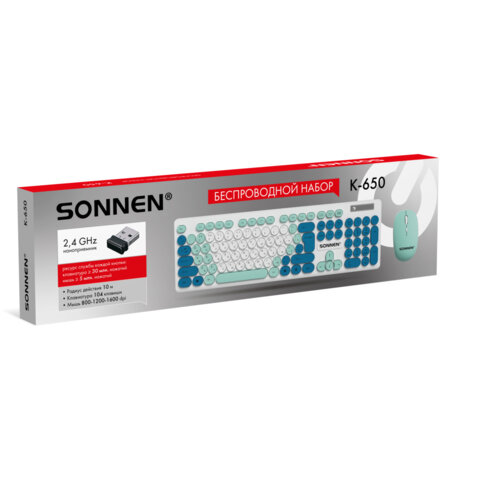 Набор беспроводной -клавиатура 117 клавиш, мышь 4 кнопки, SONNEN K-650, 3 цвета, 513953