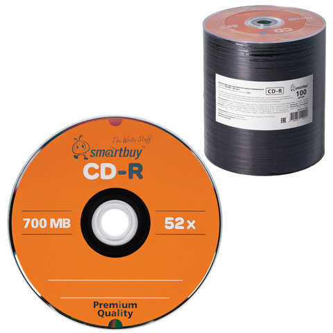 Диски CD-R SMARTBUY, 700 Мб, 52x, Bulk (упаковка на шпиле), КОМПЛЕКТ 100 шт., SBCD-R100S