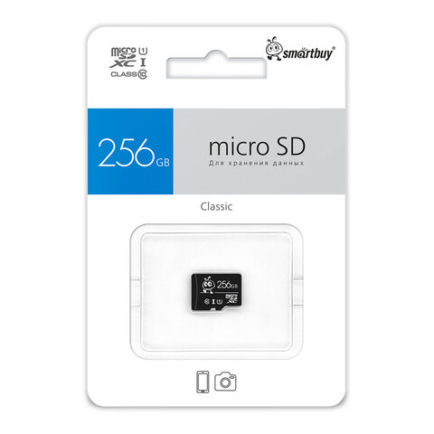 Карта памяти microSDXC 256GB SMARTBUY, UHS-I, 90 Мб/сек (class 10), с адаптером, SB256GBSDCL10-01