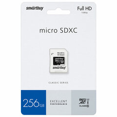 Карта памяти microSDXC 256 GB SMARTBUY, UHS-I, 90 Мб/<wbr/>сек (class 10), с адаптером, SB256GBSDCL10-01