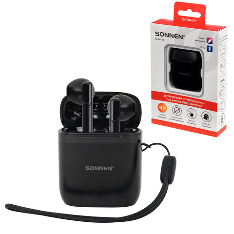 Наушники беспроводные TWS вкладыши с микрофоном, SONNEN EP-BH10B, Bluetooth 5.3, черные, 514122