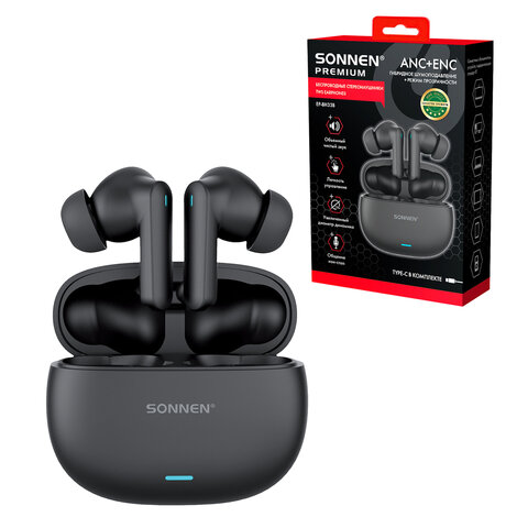 Наушники беспроводные TWS внутриканальные, гибридное шумоподавление ANC + ENC, SONNEN PREMIUM EP-BH33B, Bluetooth 5.3, черные, 514123