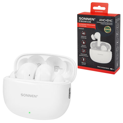 Наушники беспроводные TWS внутриканальные, гибридное шумоподавление ANC + ENC, SONNEN PREMIUM EP-BH34W, Bluetooth 5.3, белые, 514124