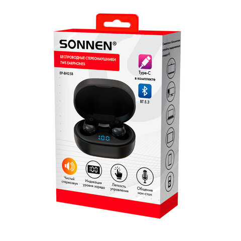 Наушники беспроводные TWS внутриканальные с микрофоном, SONNEN EP-BH25B, Bluetooth 5.3, черные, 514125
