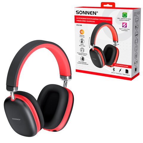 Наушники беспроводные накладные полноразмерные раздвижные мультирежимные, SONNEN HP-B12BR, Bluetooth 5.4, черный/коралловый, 514128