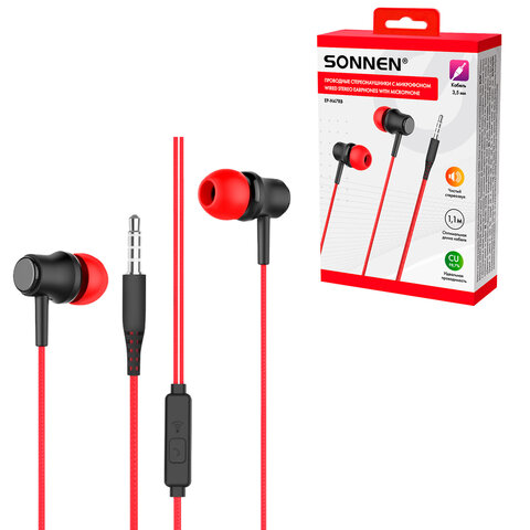 Наушники проводные внутриканальные с микрофоном SONNEN EP-H47RB, 1,1 м, красные/черные, 514129