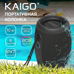 Колонка портативная KAIGO (КАЙГО) BT10T, 10 Вт, Bluetooth, USB, Micro SD, AUX, RGB, TWS, IPX7, черная, 514224