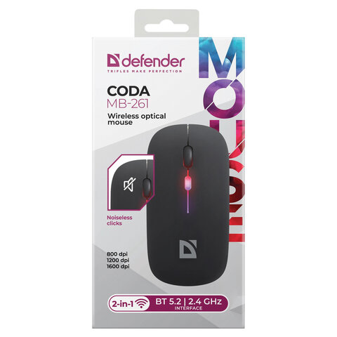 Мышь беспроводная DEFENDER Coda MB-261, 2.4 ГГц+BT, радужная, 3 кнопки + 1 колесо, 300 мАч, черная, 52261 - фото 4