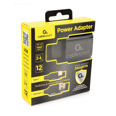 Зарядное устройство CABLEXPERT 12 Вт, 2.4 А, 2 х USB, кабель Type-C, 1 м, черный, коробка-блистер