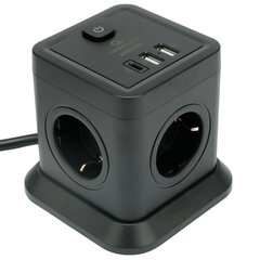 Сетевой фильтр CABLEXPERT Tower, 4 розетки, 10 А, 1 x Type-C PD, 20 Вт, 2 х USB, 2 м, черный, TWR-4-CU2-B-2