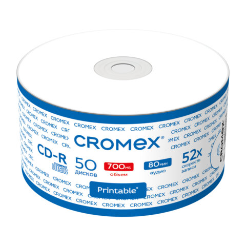 Диск CD-R CROMEX, 700 Mb, 52x, с возможностью печати на диске, Bulk (термоусадка без шпиля), КОМПЛЕКТ 50 шт., 514304