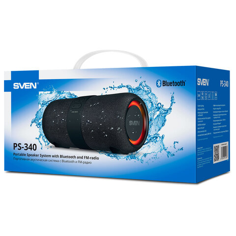 Колонка портативная SVEN PS-340, 24 Вт, TWS, Bluetooth, FM, USB, черный, SV-021283