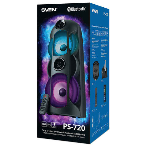 Колонка портативная SVEN PS-720, 80 Вт, TWS, Bluetooth, FM, USB, microSD, LED-дисп, черн, SV-019600