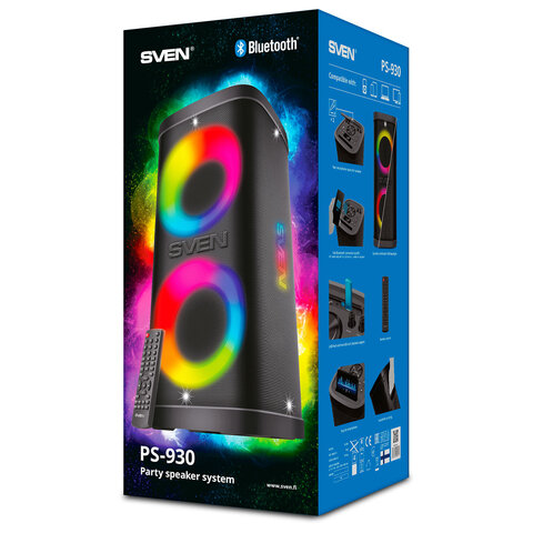 Колонка портативная SVEN PS-930, 150 Вт, TWS, Bluetooth, FM, USB, microSD, LED-дисп, черн, SV-022402