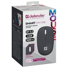 Мышь беспроводная DEFENDER Smart MM-396, 1600 dpi, 2 кнопки + 1 колесо-кнопка, оптическая, черная, 52396
