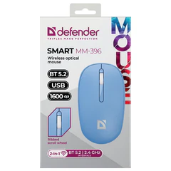 Мышь беспроводная DEFENDER Smart MM-396, 1600 dpi, 2 кнопки + 1 колесо-кнопка, оптическая, синяя, 52397