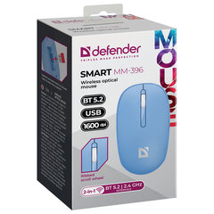 Мышь беспроводная DEFENDER Smart MM-396, 1600 dpi, 2 кнопки + 1 колесо-кнопка, оптическая, синяя, 52397