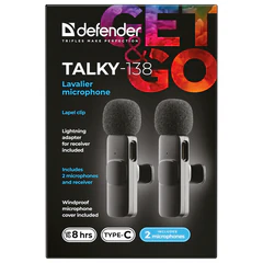 Микрофон беспроводной петличный DEFENDER Talky-138, 64 дБ, 2 микрофона, адаптер, черный, 64152