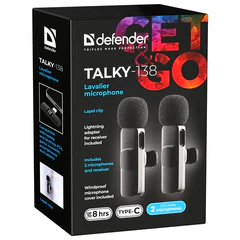 Микрофон беспроводной петличный DEFENDER Talky-138, 64 дБ, 2 микрофона, адаптер, черный, 64152