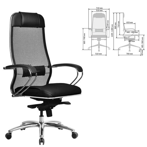 Кресло офисное МЕТТА "SAMURAI" SL-1, сверхпрочная ткань-сетка/экокожа, черное - фото 3